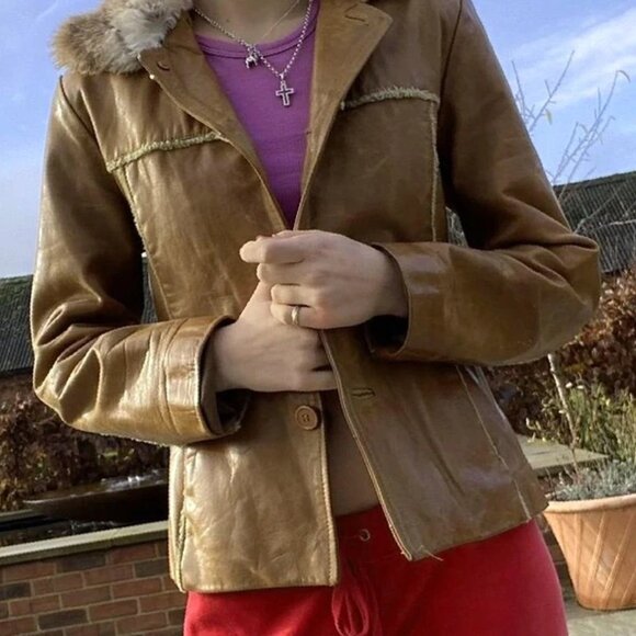 Brown Long Sleeve Boho chic Slim Leather Jacket - Picture 2 of 4